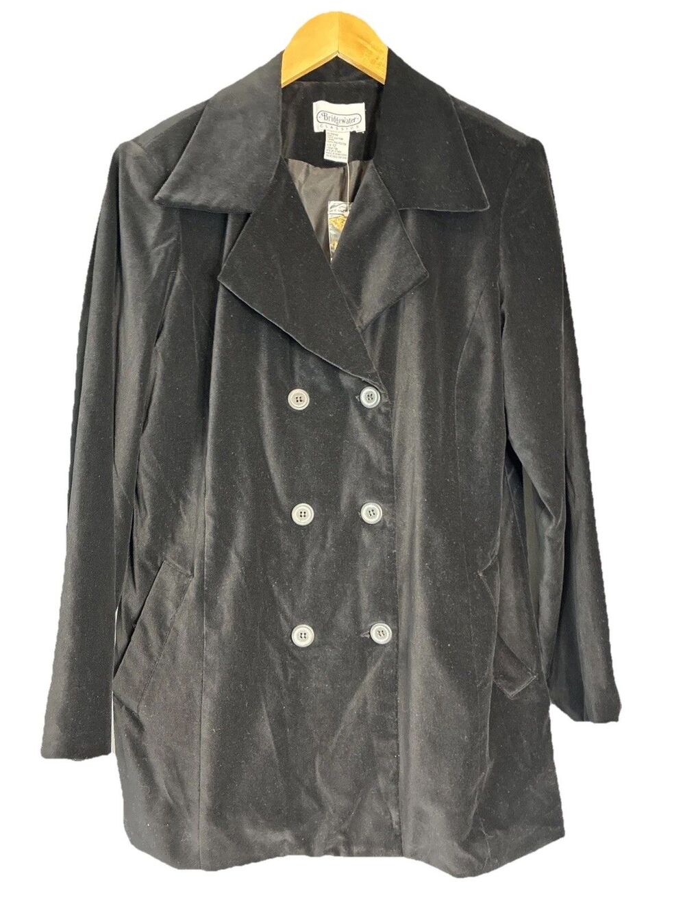 Vtg 80s 90s Bridgewater Black Velvet Double Breasted Coat Jacket Sz 12 Minimal